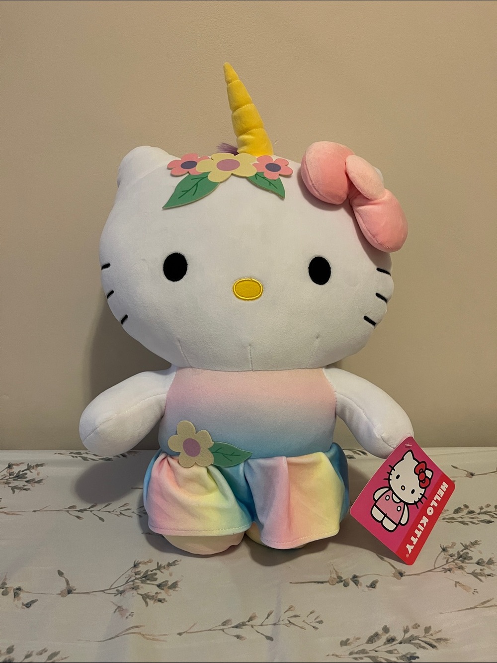 Hello Kitty Pastel Rainbow Unicorn Plush - Yellow Horn Pink Bow